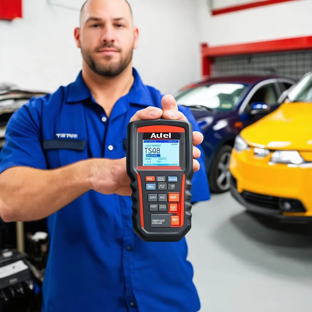 Mechanic holding Autel TS408