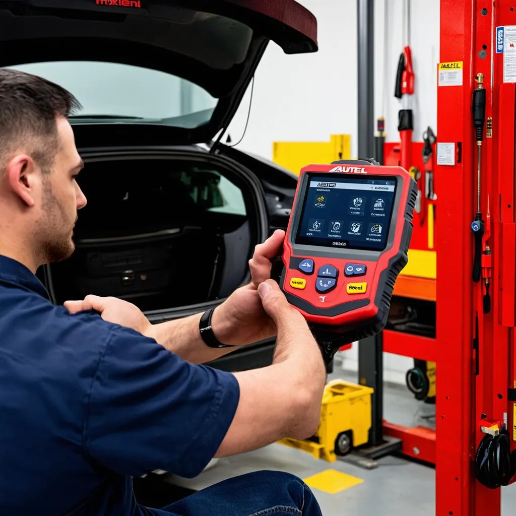 Mechanic using Autel MaxiDAS DS708