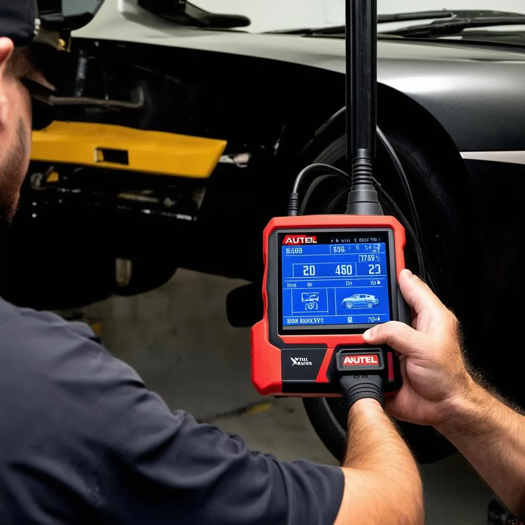 Mechanic using an Autel MaxiSys to diagnose a car