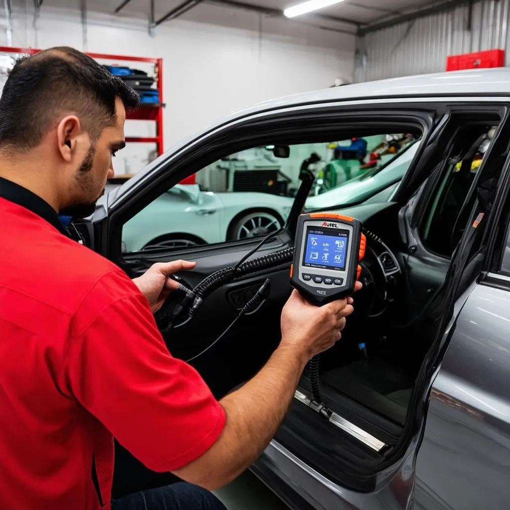 Autel diagnostic scanner being used on a European car in a Pakistani workshop