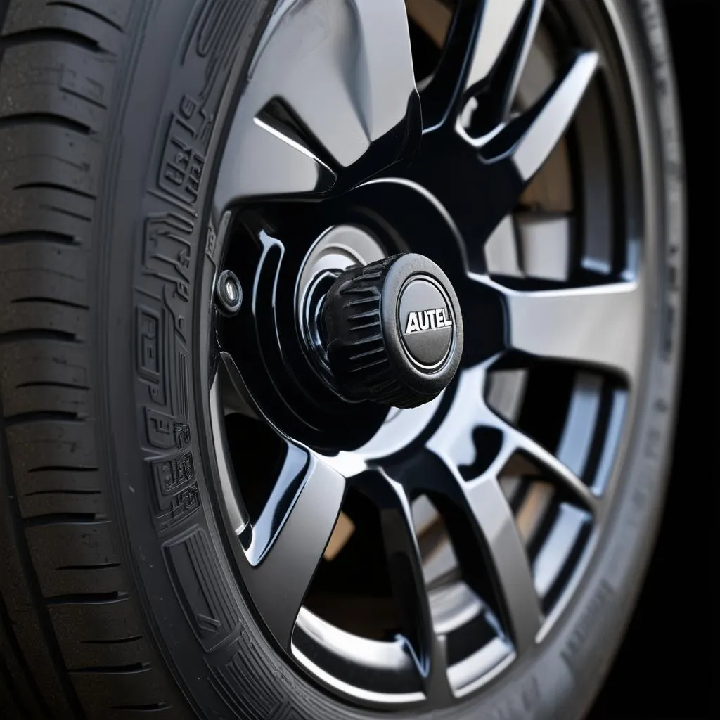 Close-up of an Autel Rubber Valve Stem Installed on a Tire