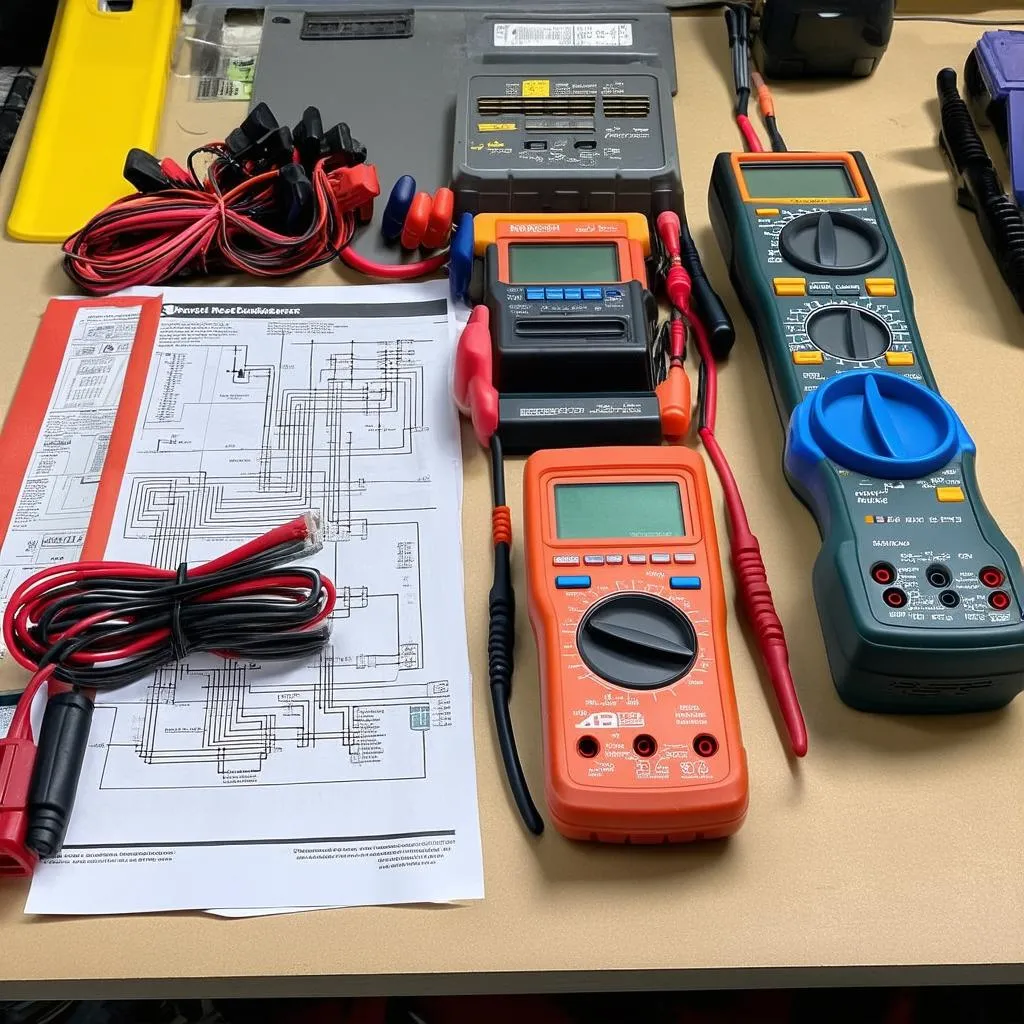 Various car diagnostic tools spread out on a workbench.