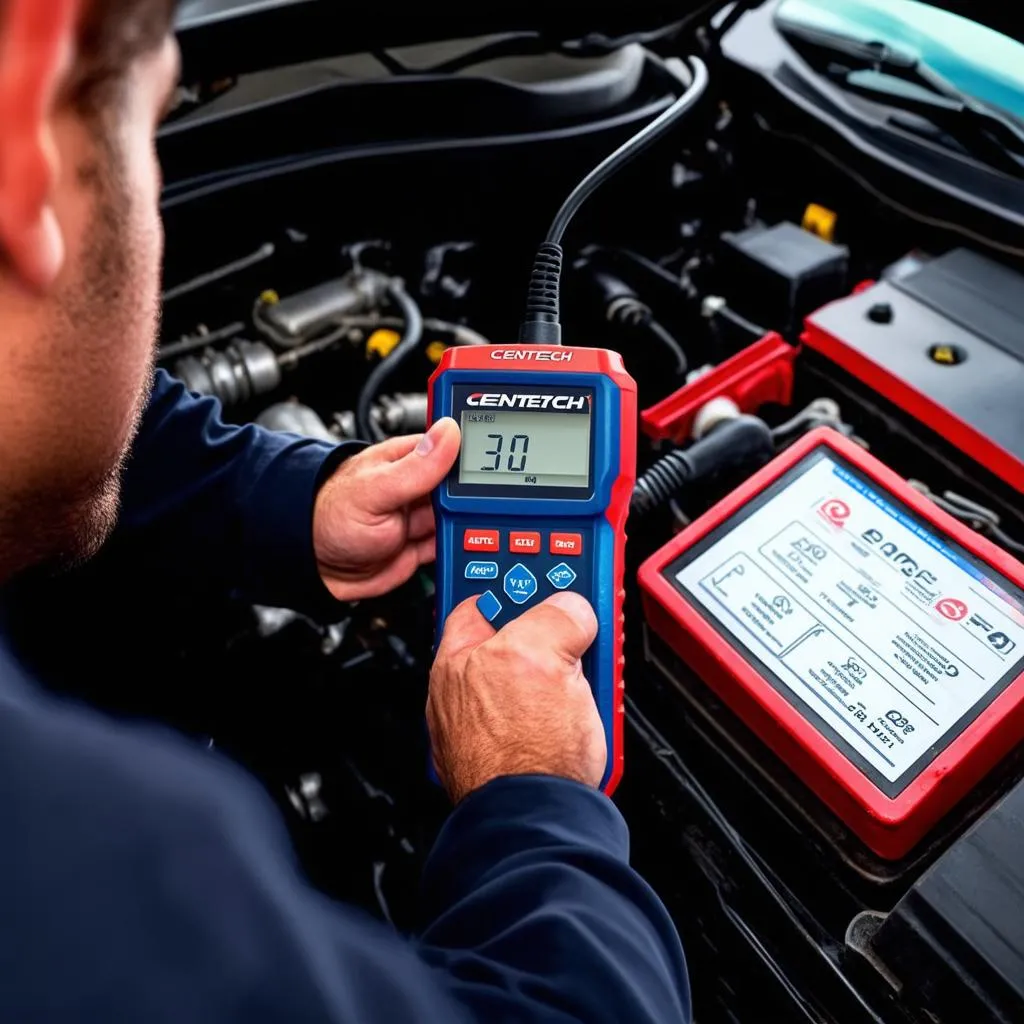 Centech 60693 Autel being used to diagnose a car's engine