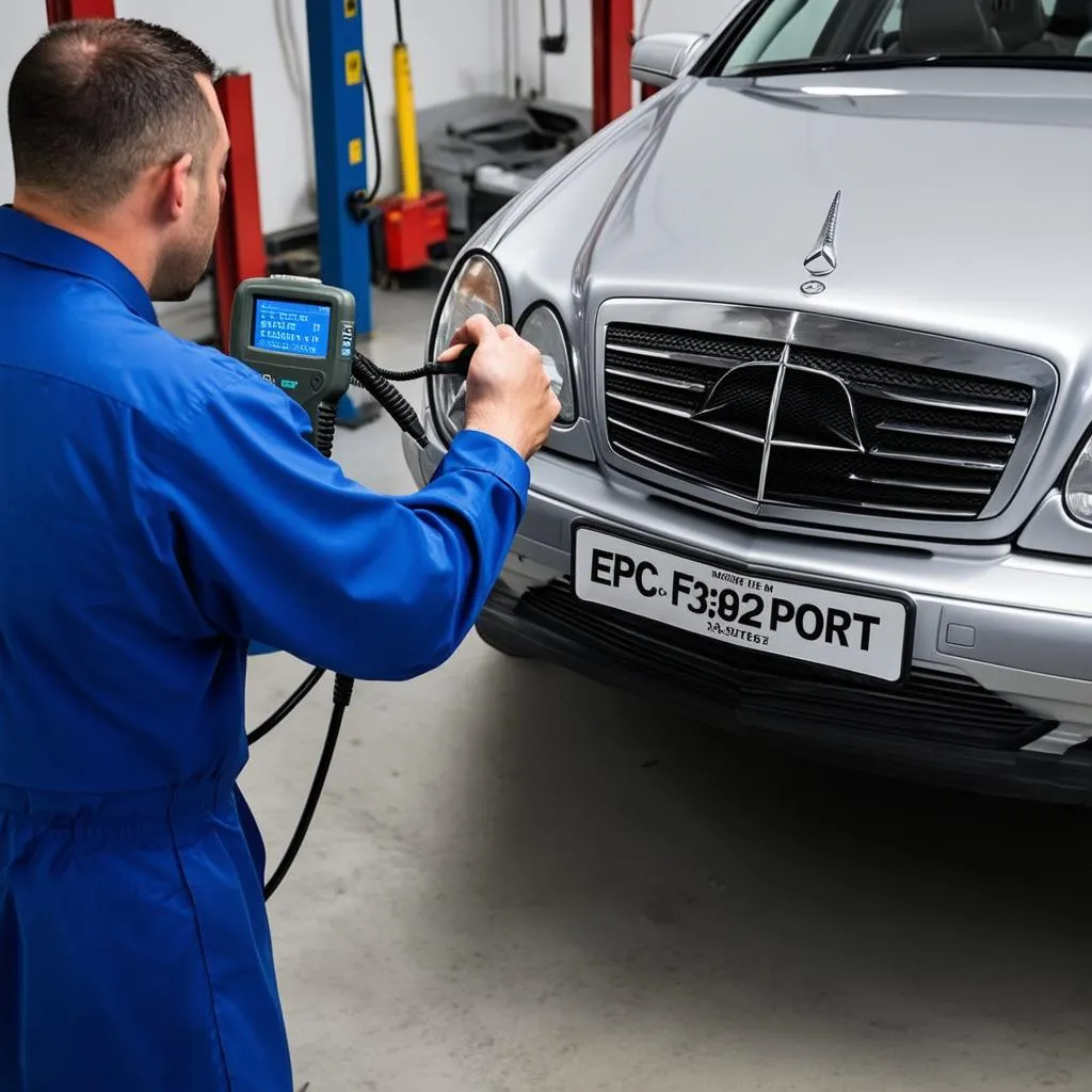 Mechanic using a diagnostic scanner on a Mercedes C320