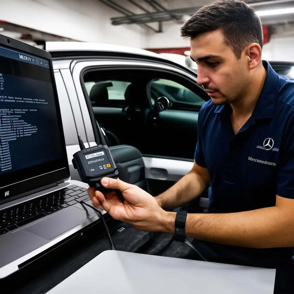 Mercedes technician using MB Xentry VCI to diagnose a car problem