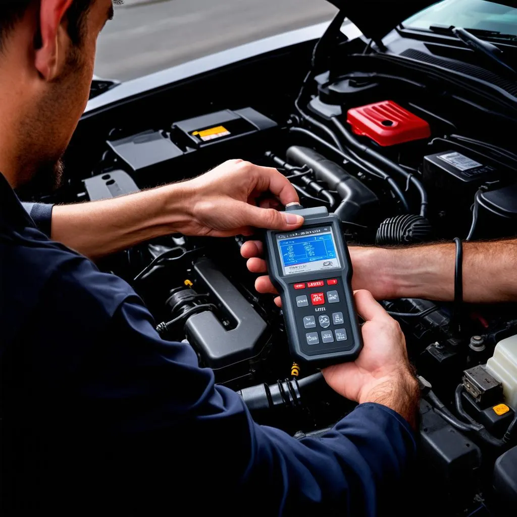 Mechanic diagnosing a car engine