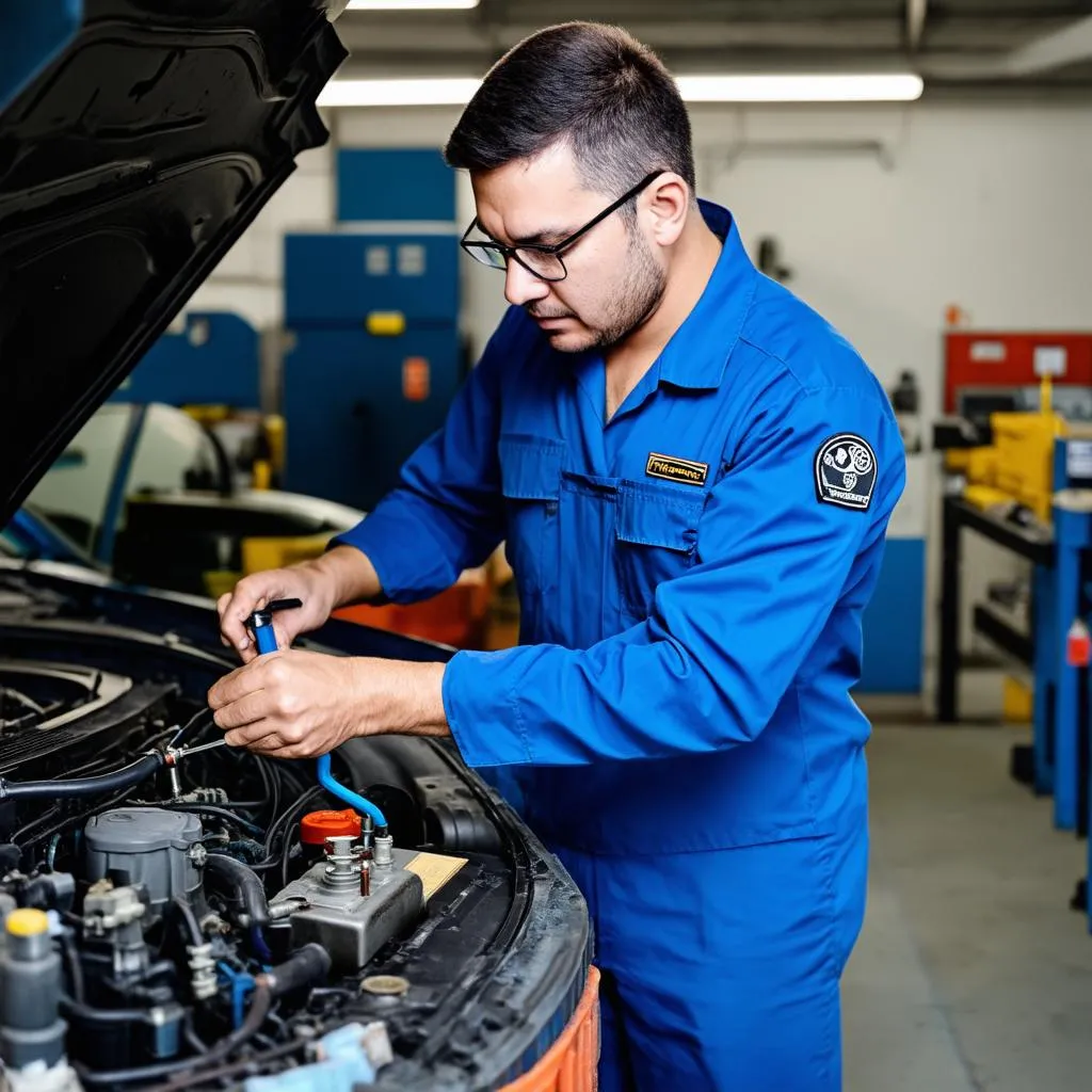 Mechanic working on a car engine