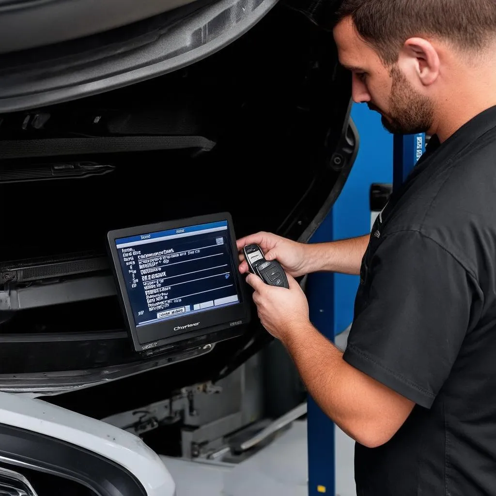 A mechanic is programming a Chrysler key in a workshop.