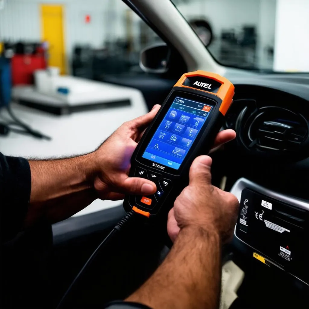 A mechanic in Pakistan using an Autel scanner to diagnose a car problem