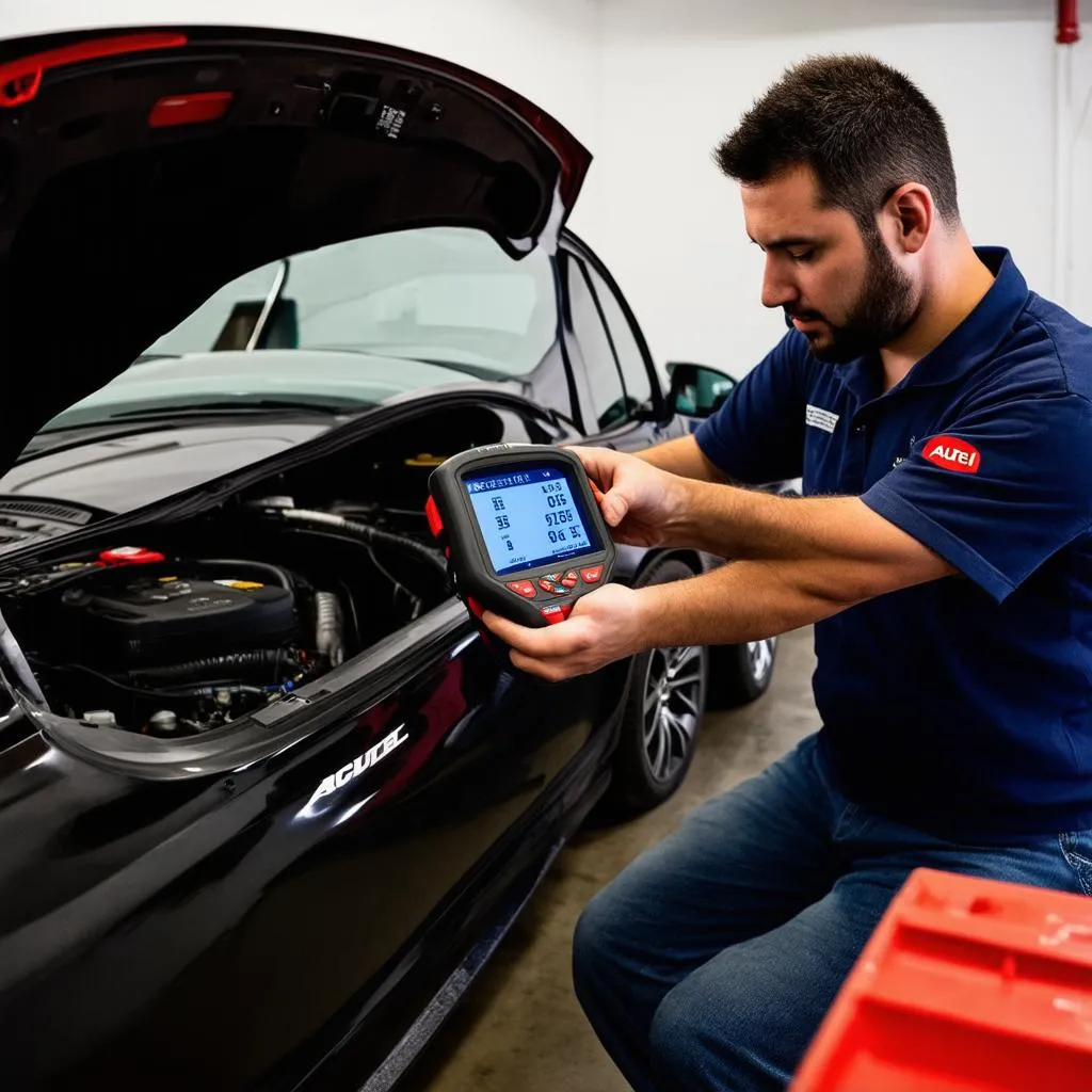 Mechanic using Autel scanner on a car