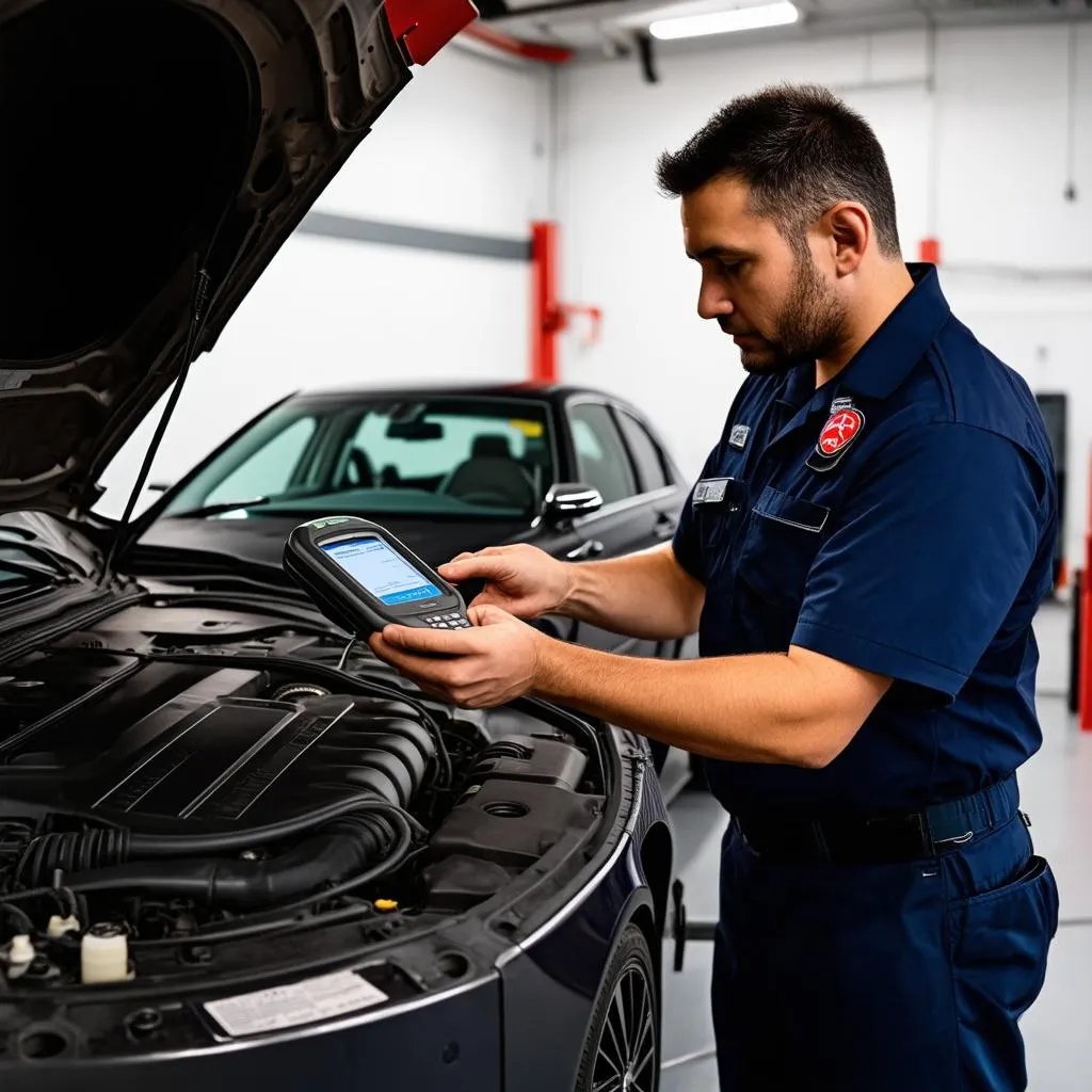 Mechanic Using Diagnostic Scanner on Mercedes-Benz Engine