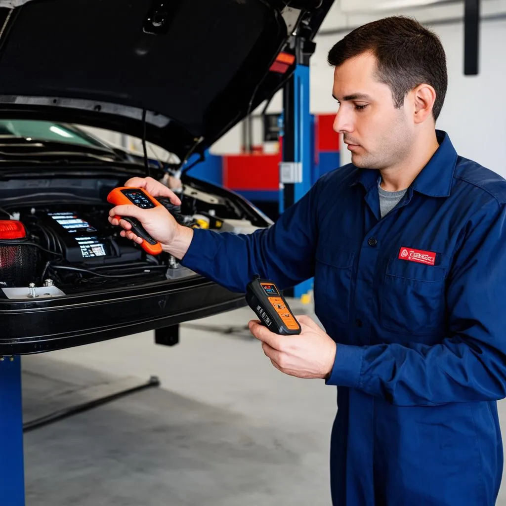 Mechanic Using Diagnostic Tool on Car