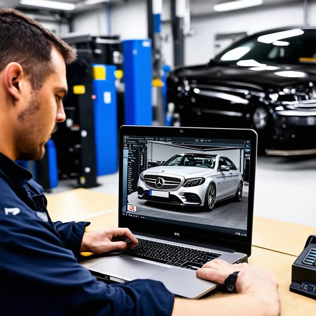 Mechanic Using Laptop to Diagnose Mercedes