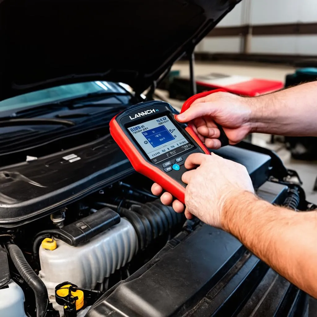 Mechanic using a Launch Scanner