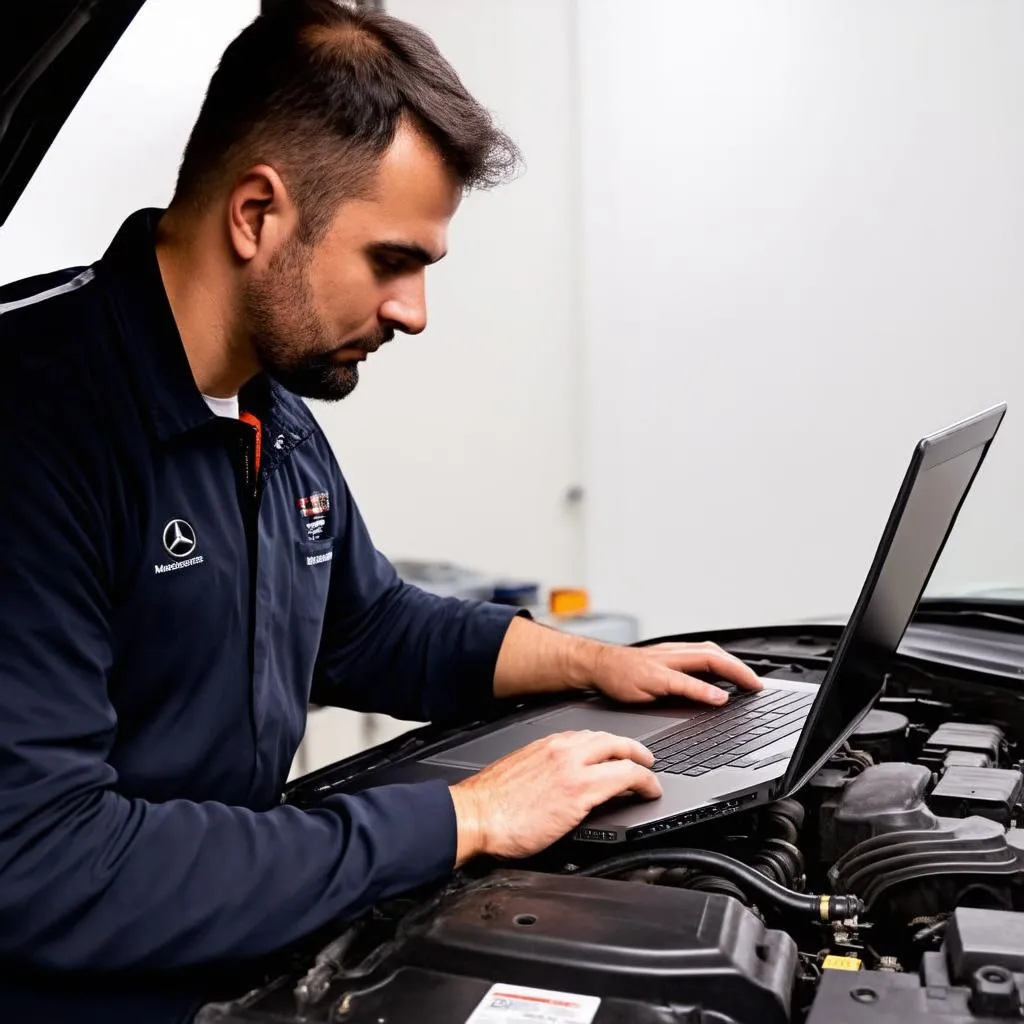 Mechanic Using Mercedes EPC on Laptop