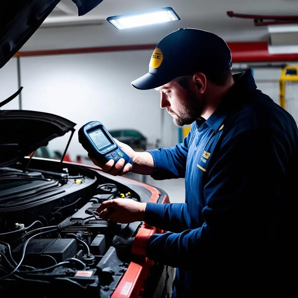 Mechanic using an automotive diagnostic scanner