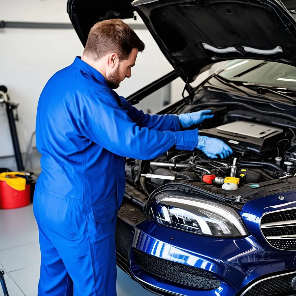 Mechanic Working on Mercedes Engine