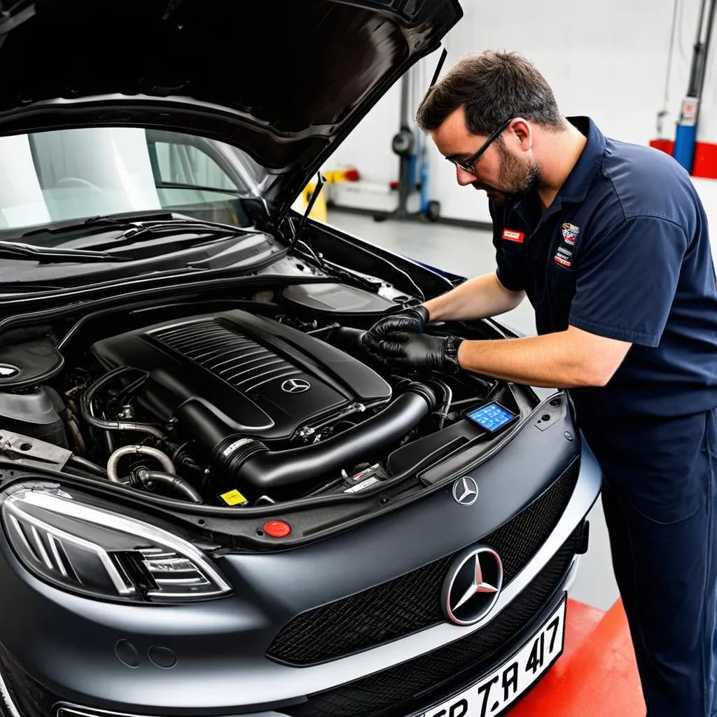 Mechanic Working on Mercedes Engine