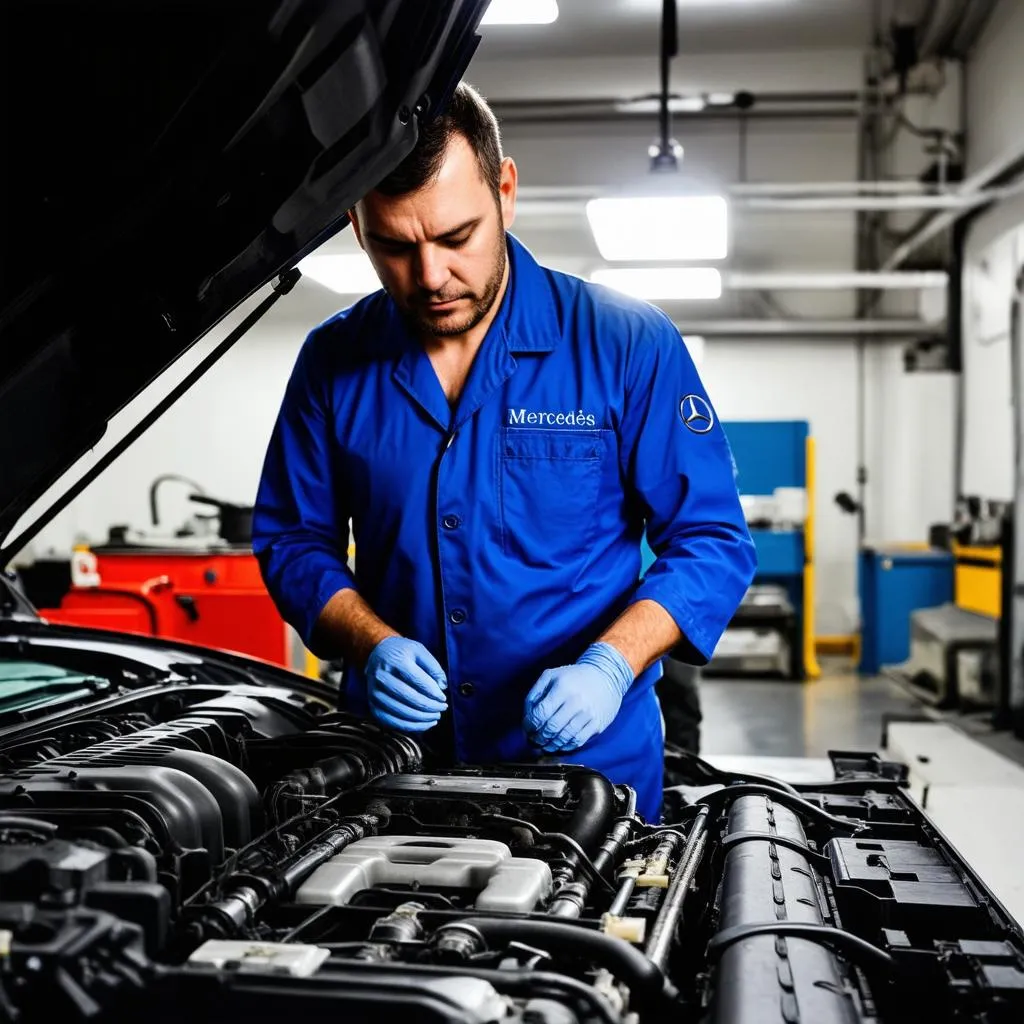 Mechanic Working on Mercedes Engine