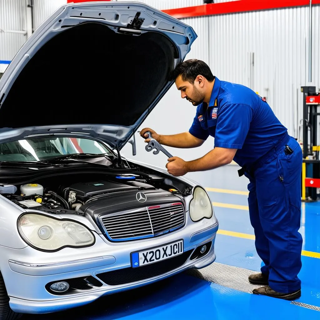 A mechanic working on the engine of a Mercedes C320