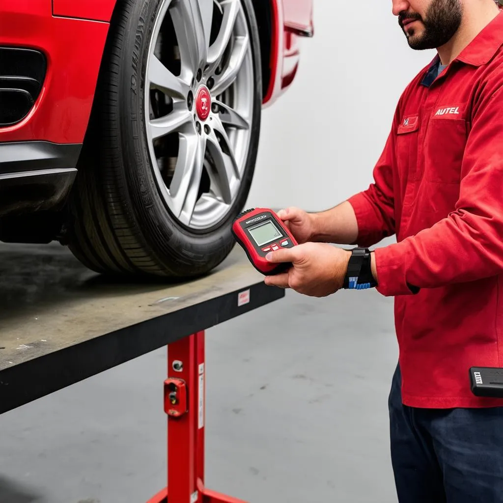 Mechanic using Autel TPMS tool