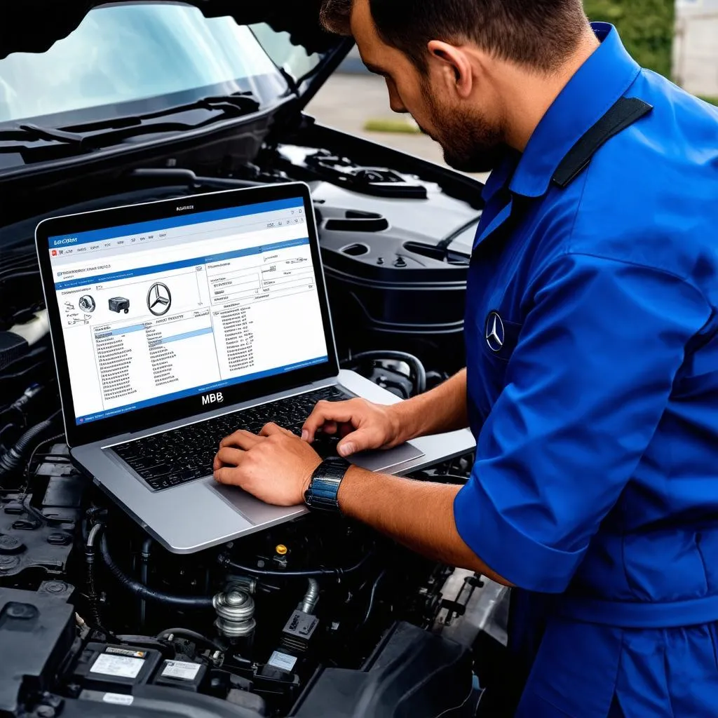 Mechanic Using EPC MB for Repair