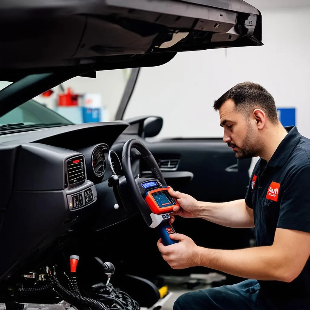 Mechanic using an Autel diagnostic scanner on a car