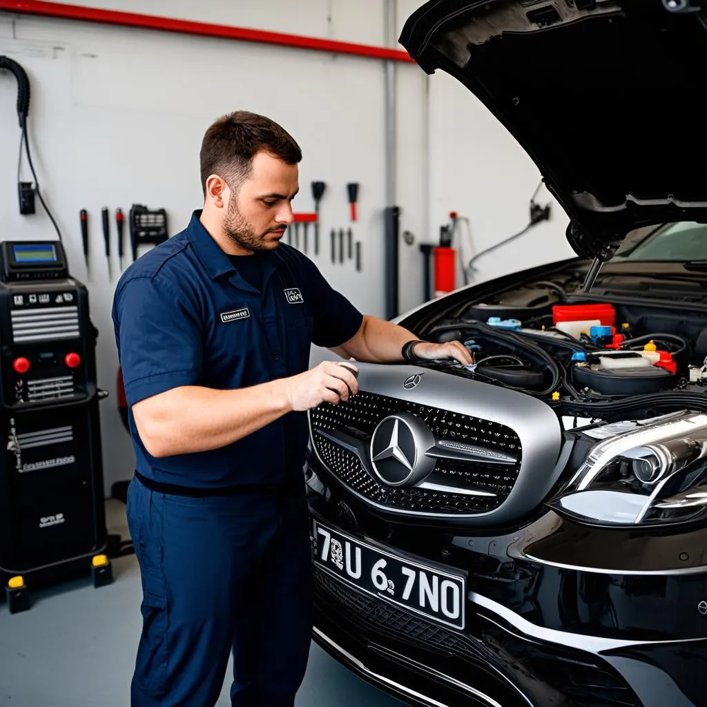 Mechanic working on a Mercedes