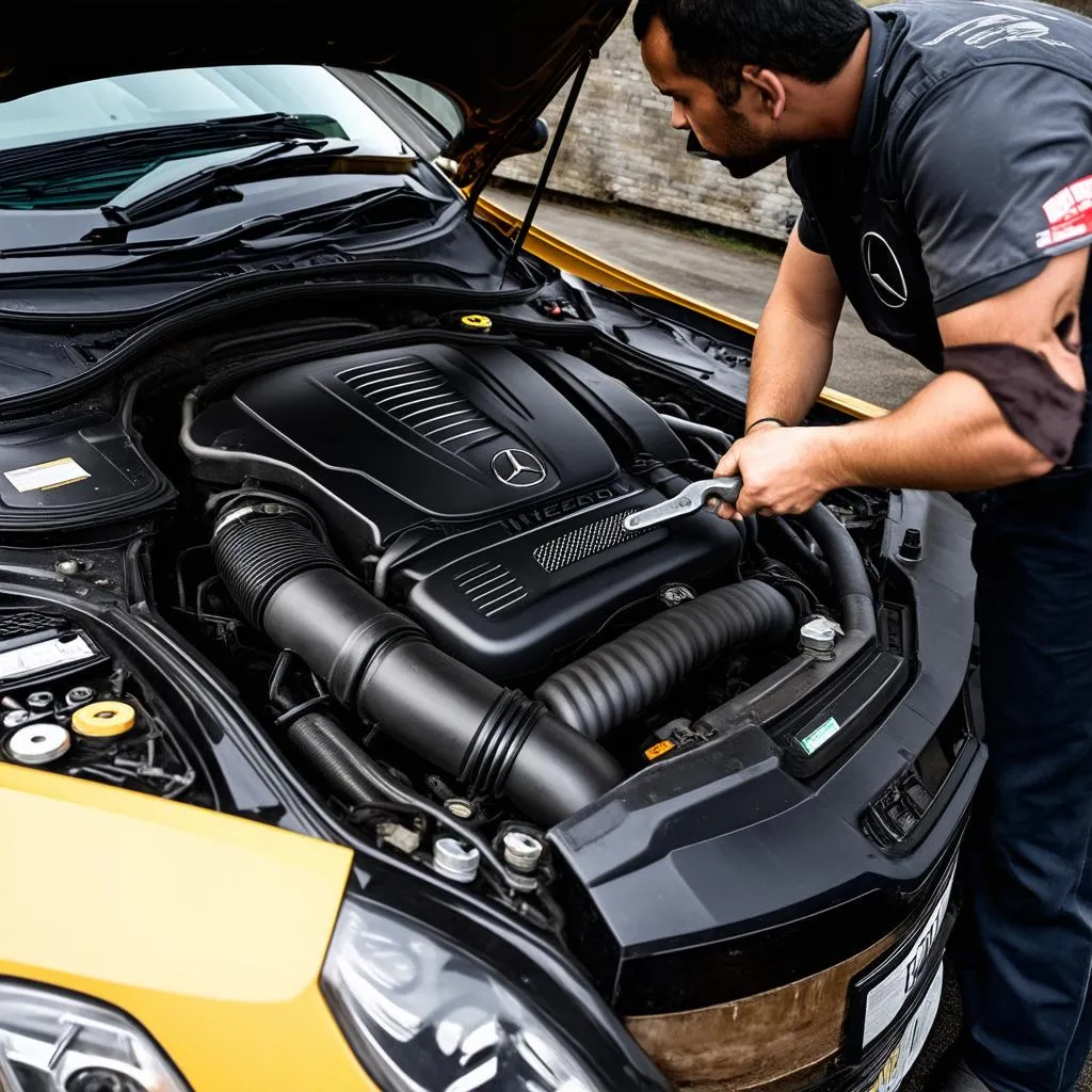 Mechanic working on a Mercedes-Benz engine