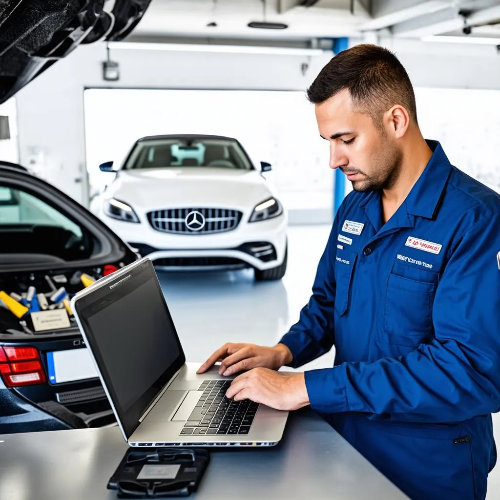 Mercedes Mechanic Using Laptop for Diagnostics