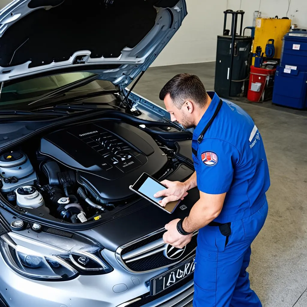 Mechanic Working on Mercedes Engine