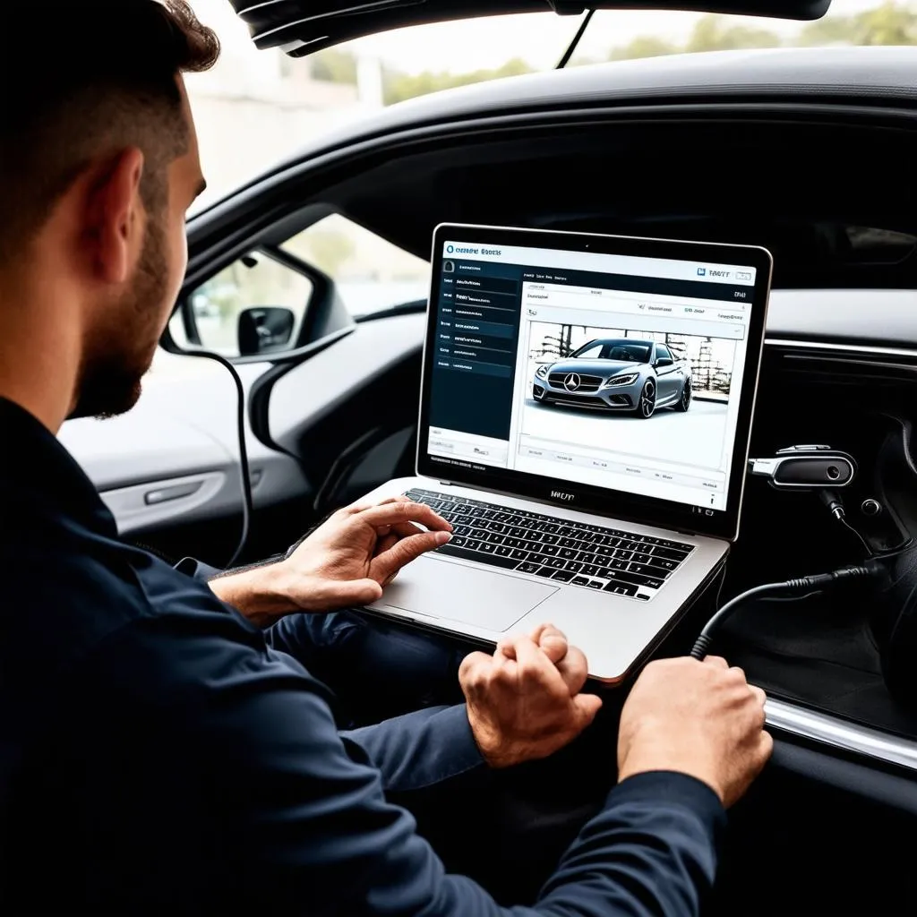 Mercedes Technician Using Xentry Diagnostic Tool