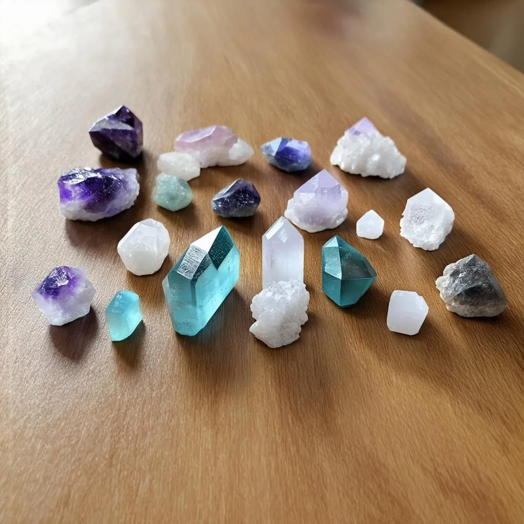 Crystals arranged on a table