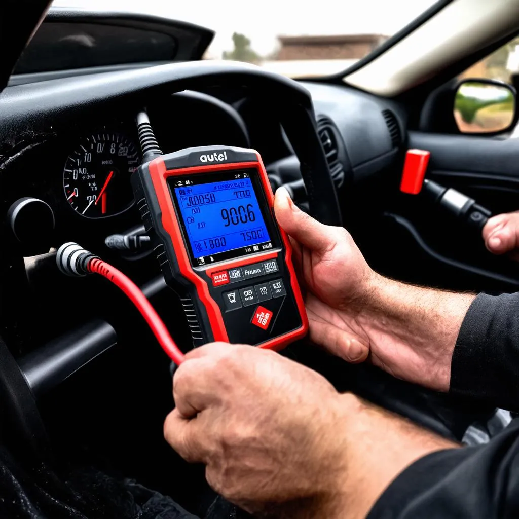 Autel 906pro being used to diagnose a car