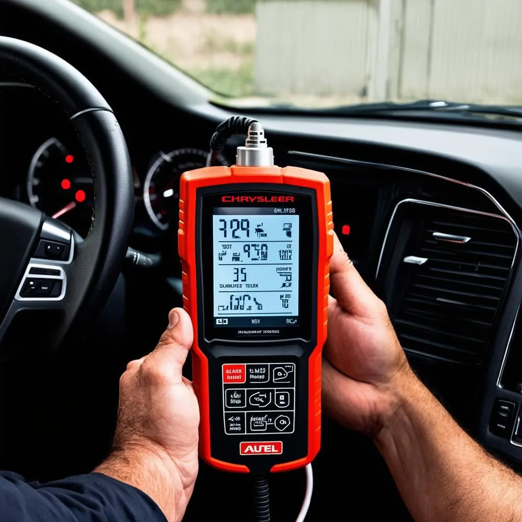 Autel 906TS connected to a Chrysler vehicle for diagnostics