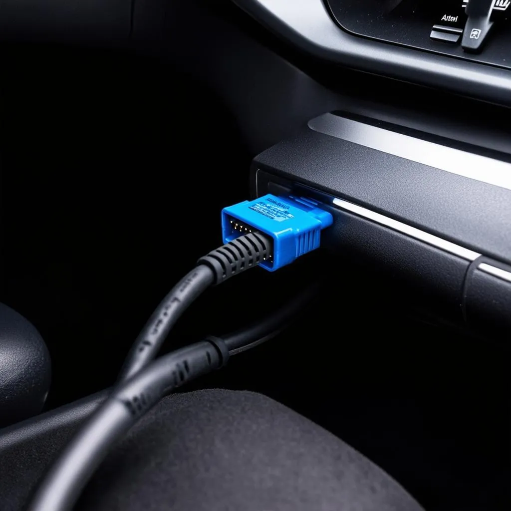 Autel MaxiAP AA101 cable connected to a car's OBD2 port