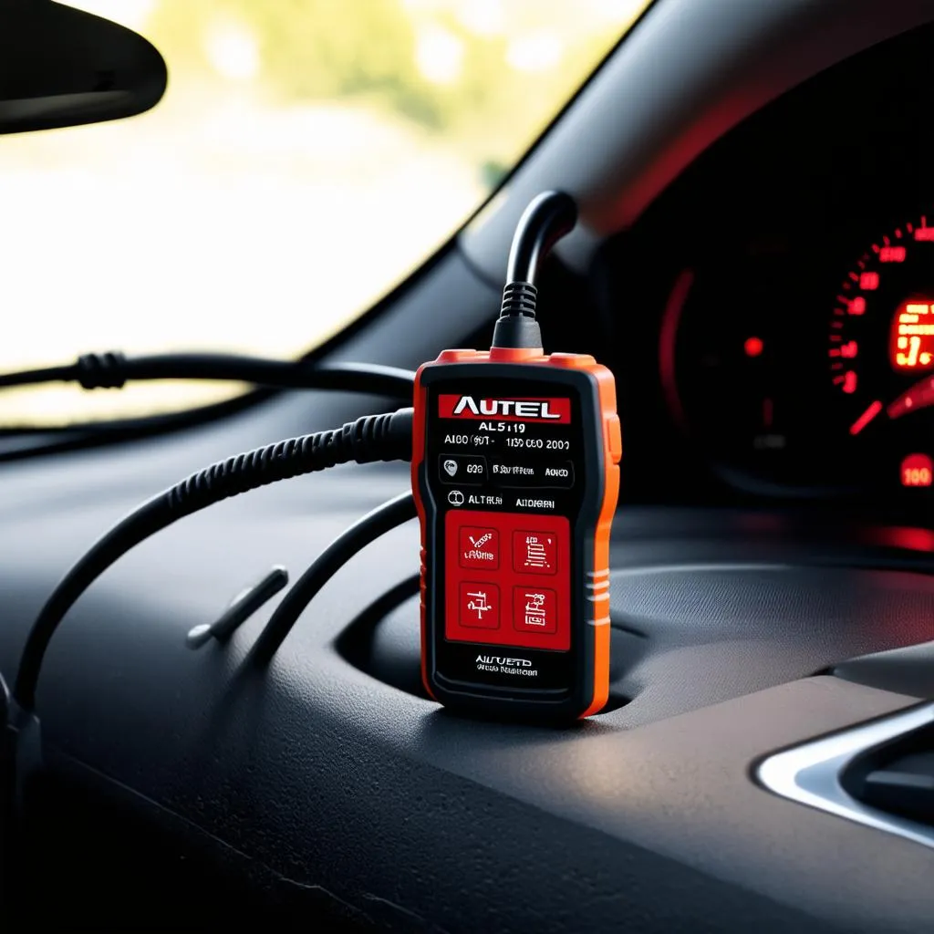 Autel AL519 plugged into car dashboard