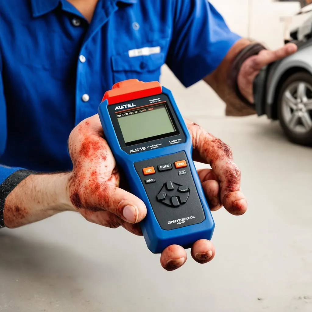 Mechanic holding Autel AL519 