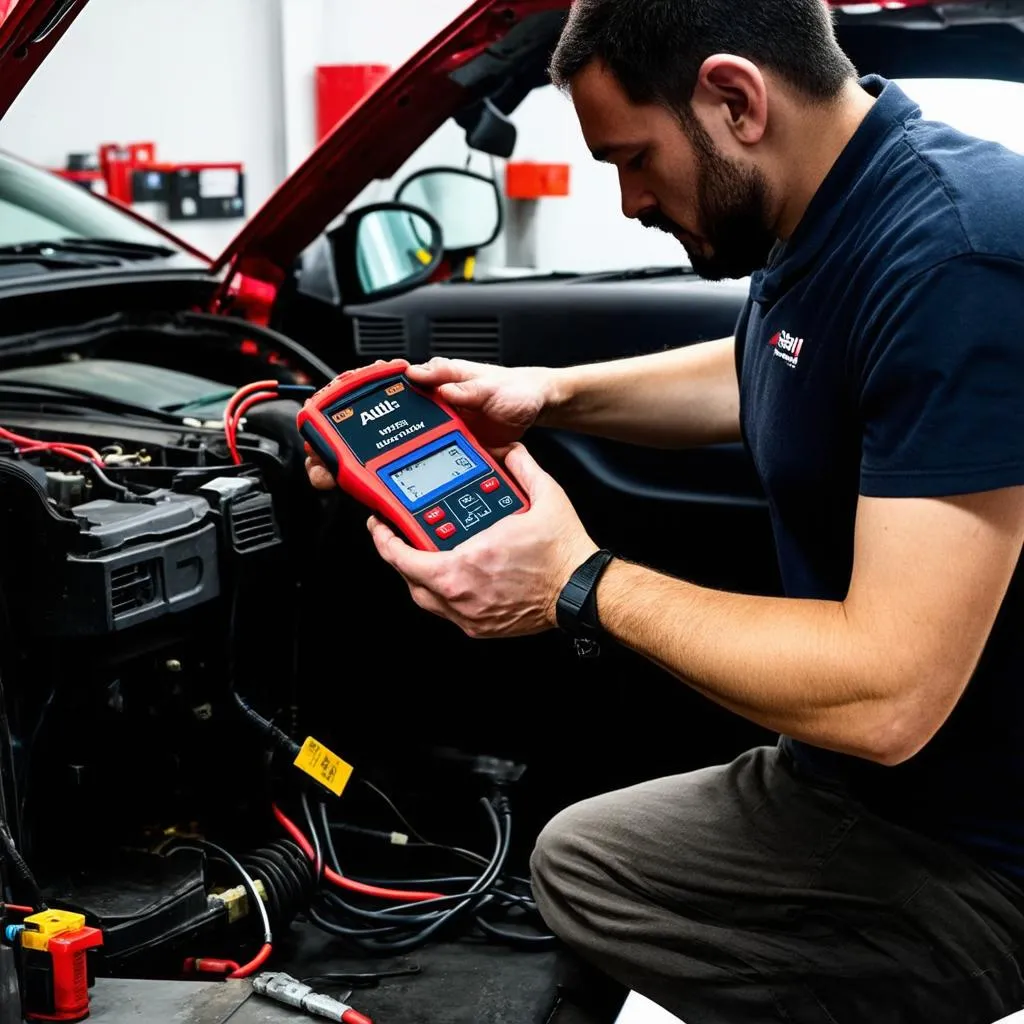 A mechanic using the Autel AL539B to diagnose a car