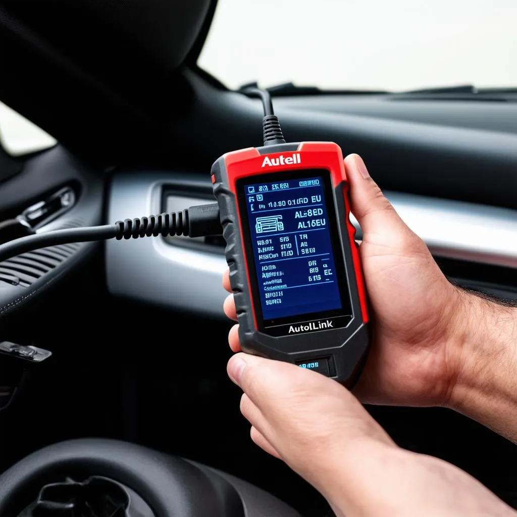 Autel AL619EU plugged into a car's OBD2 port