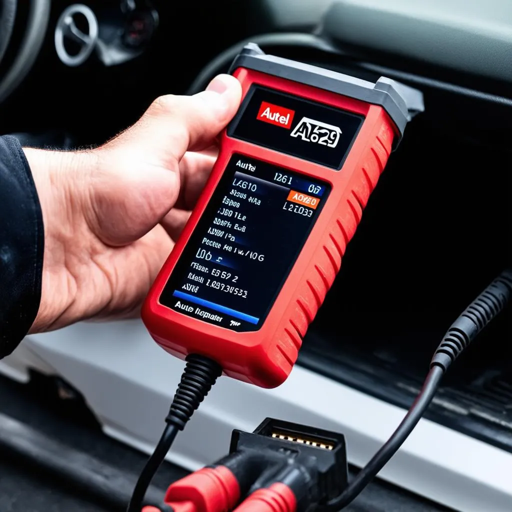 Mechanic using Autel AL629 to diagnose a car problem