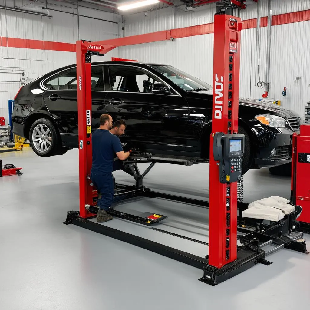 Autel alignment rack in a bustling auto shop