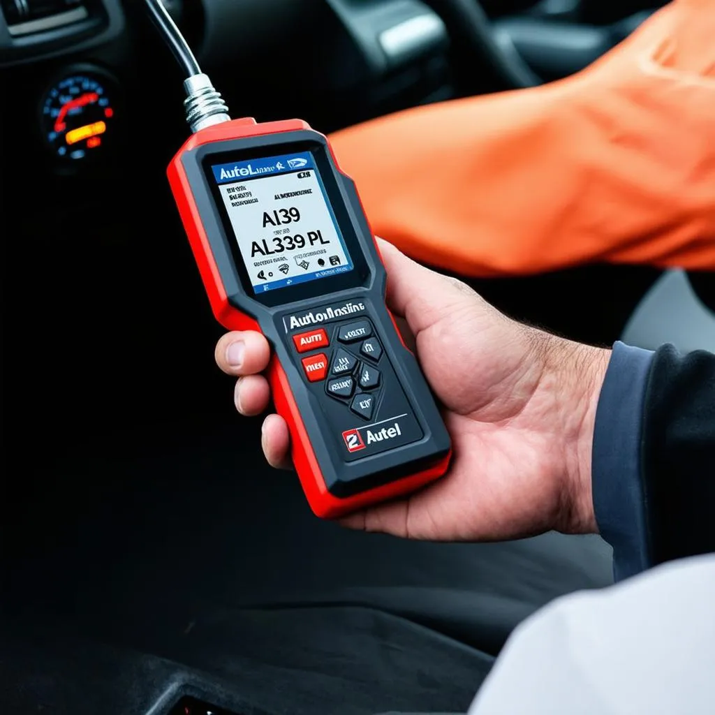 Autel AutoLink AL329 PL being held in a mechanic's hand