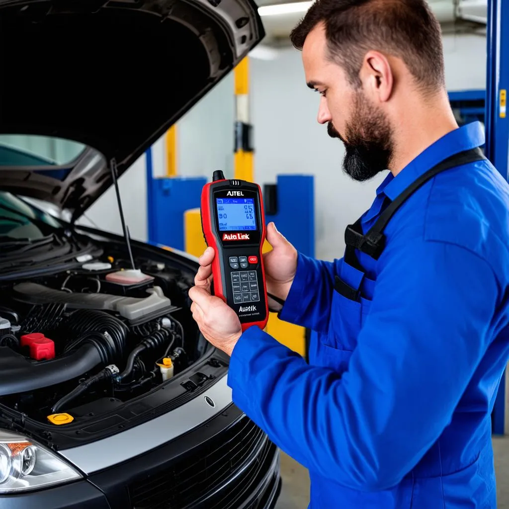 Mechanic using an Autel AutoLink scanner to diagnose a car