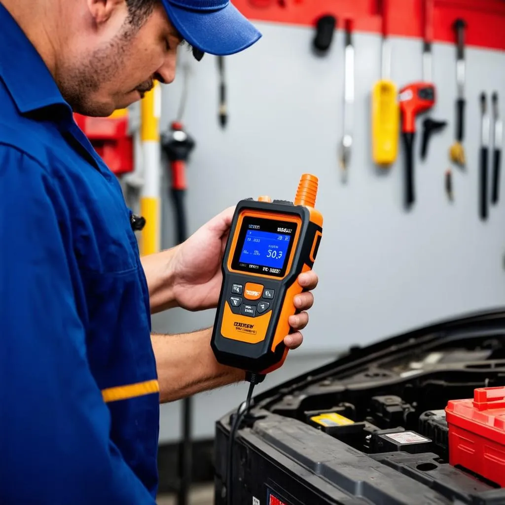 A mechanic using the Autel BT508 battery tester to diagnose a car battery in a professional garage setting.