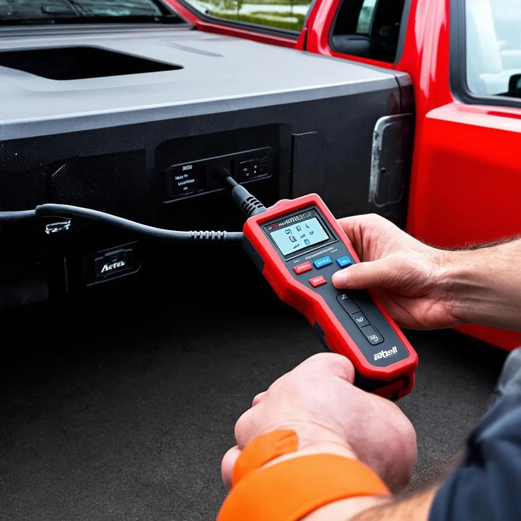 Autel MaxiHTR HT200 being used to diagnose a Chevrolet Silverado