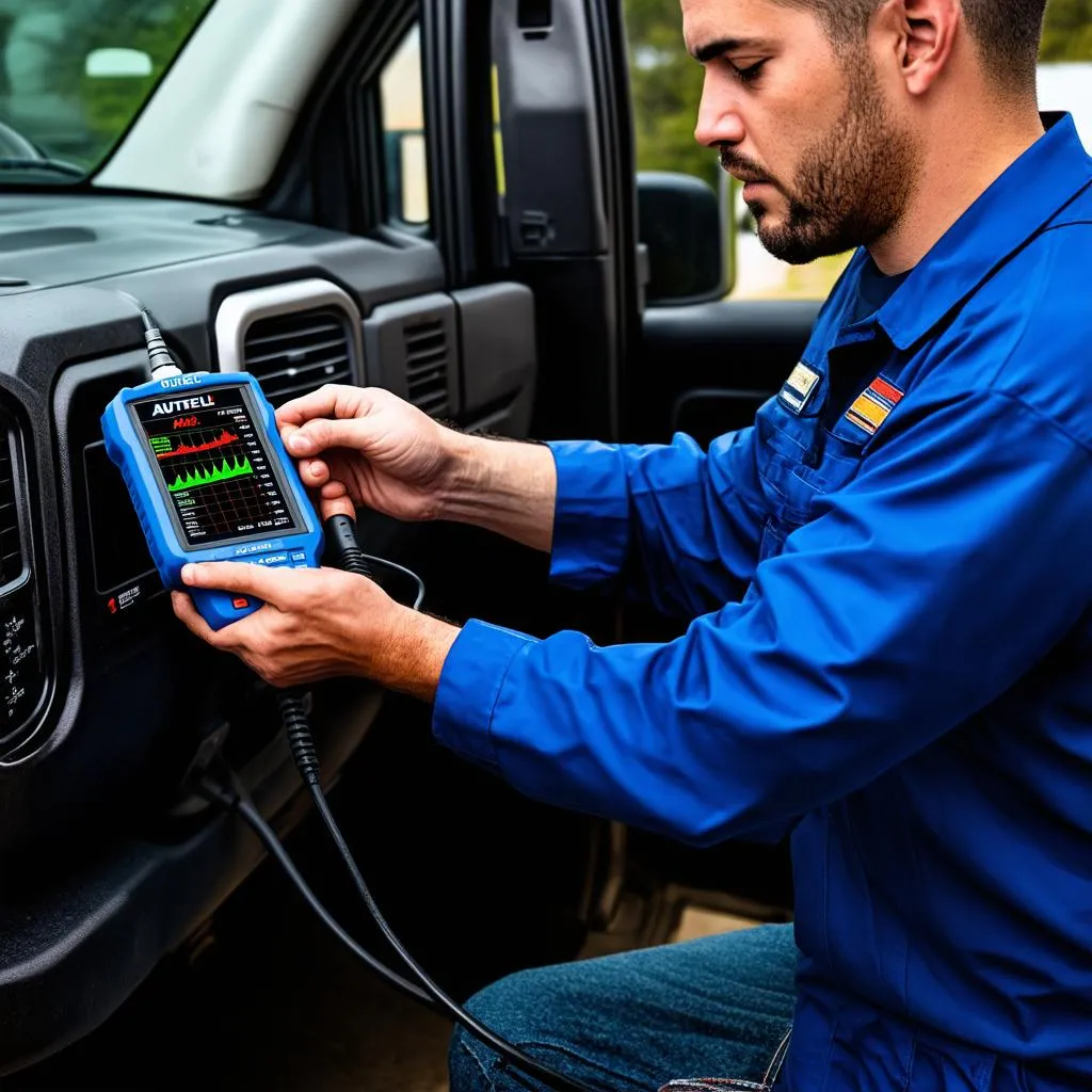 Mechanic using an Autel diagnostic tool on a Chevy truck