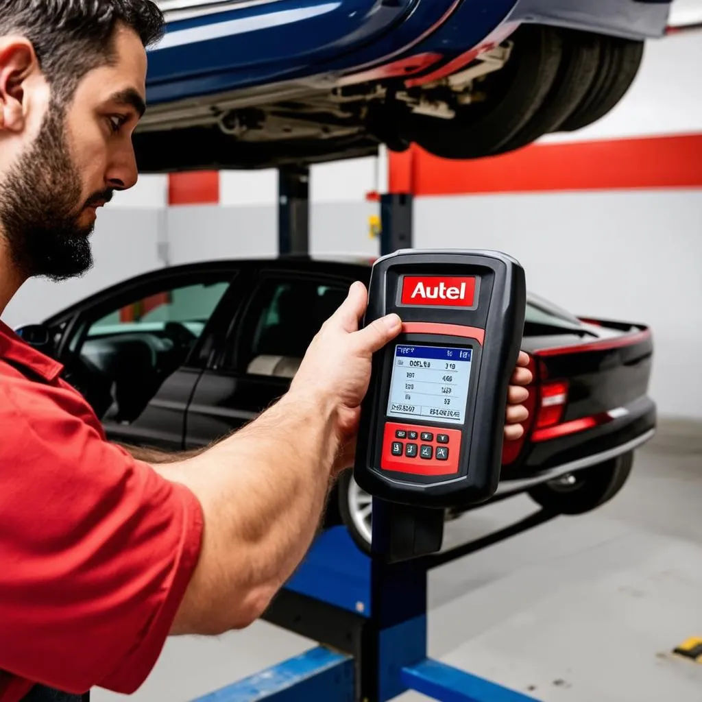 Mechanic using an Autel HD code reader