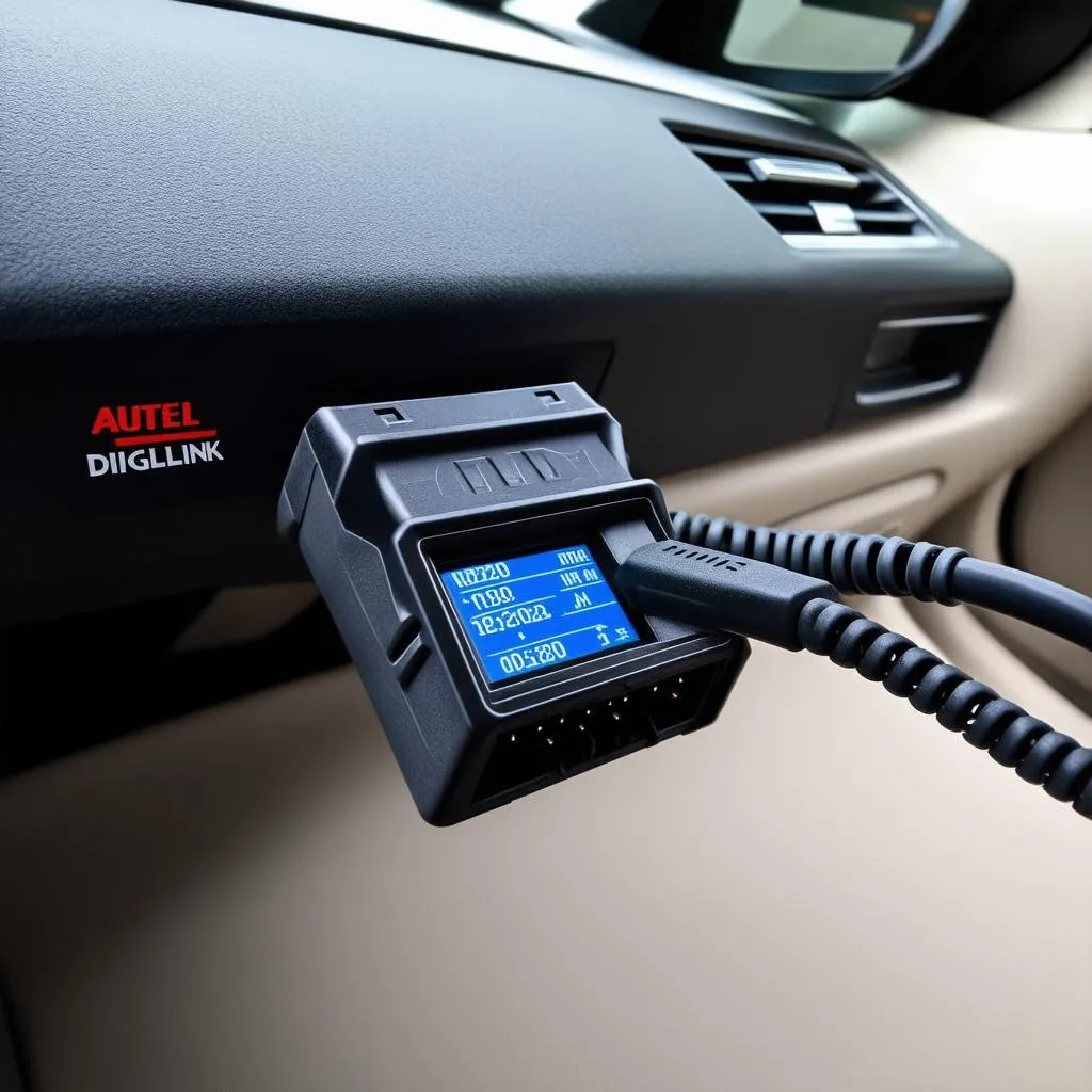 Autel Diaglink plugged into a car's OBD-II port