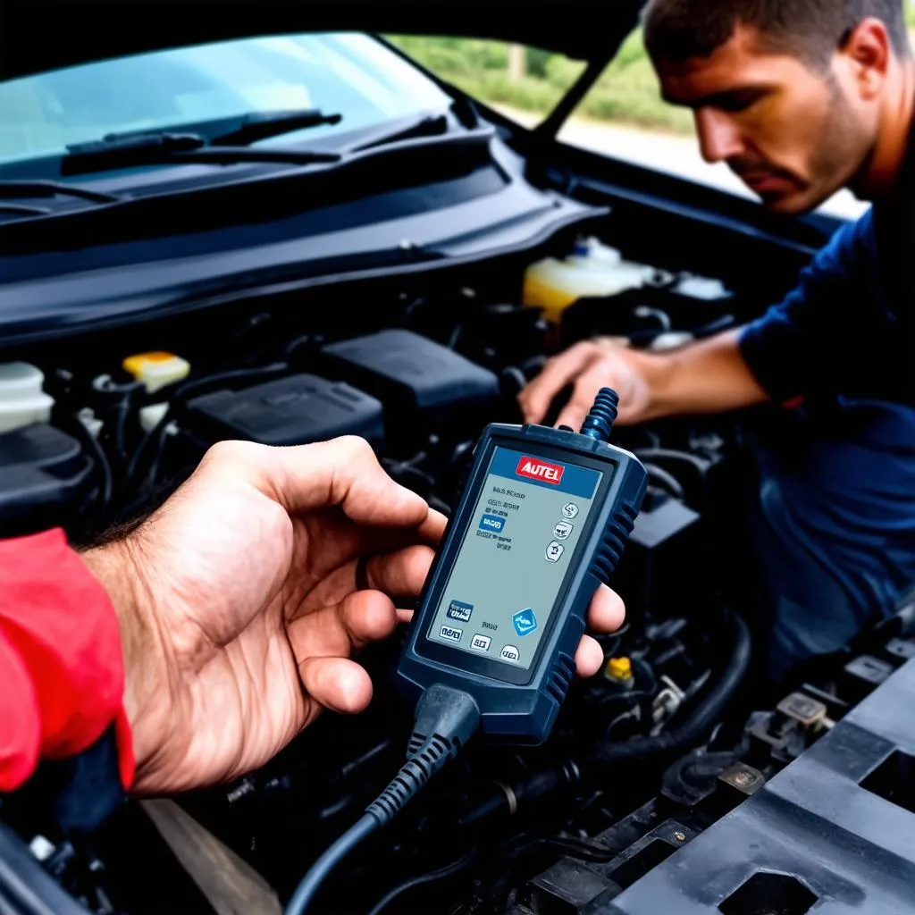 An Autel diagnostic tool plugged into a car's OBD-II port